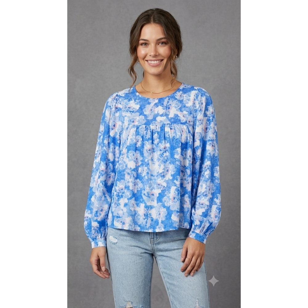 Vici Floral Babydoll Blouse Blue White Long Sleeve Peplum Top sz Medium